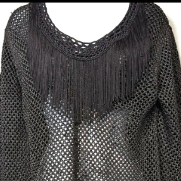 Upcycled vintage Sheer Knit Sweater Crochet Fringe Neckline - Picture 2 of 3